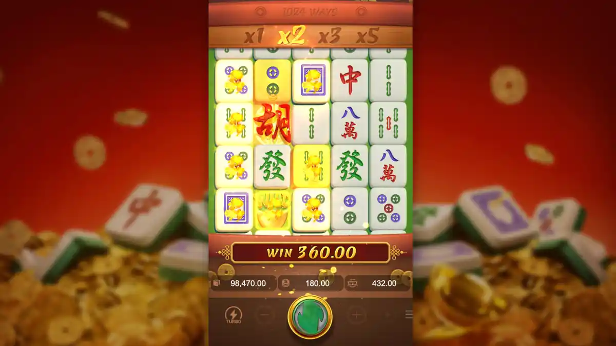 Mahjong Ways cascade win — gold tiles transforming to wilds with ×3 multiplier active