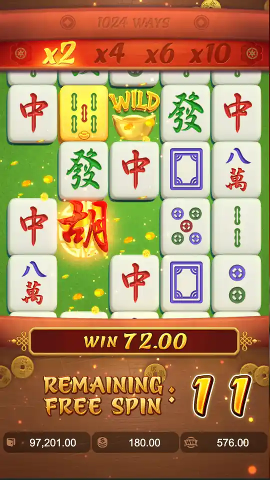 Mahjong Ways 2 Free Spins bonus — 10 free spins triggered by 3 scatter symbols with doubled multiplier ladder
