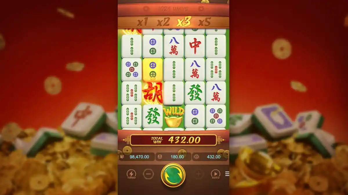 Mahjong Ways 2 multiplier trail above reels — showing ×1, ×2, ×3, ×5 progression during cascade